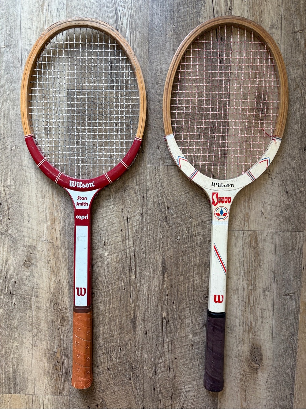 Vintage Wilson Sport and Wilson Stan Smith Capri Tennis Rackets 70s Wall Art